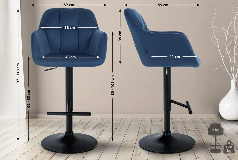 Tabouret de bar chaise haute x1 fonction rotation 360° en velours bleu avec coutures décoratives piètement métal noir 10_0005269
