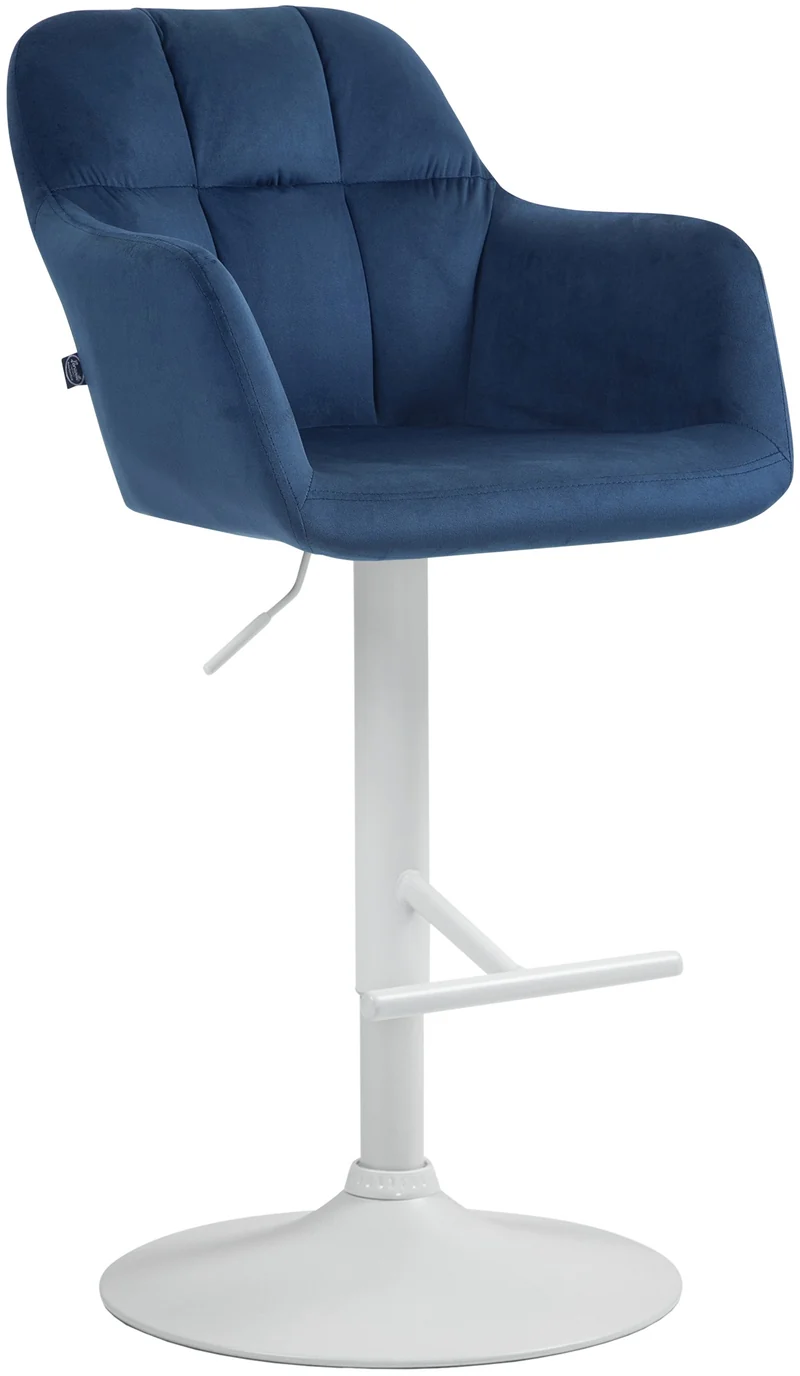 Tabouret de bar chaise haute x1 fonction rotation 360° en velours bleu avec coutures décoratives piètement métal blanc 10_0006549