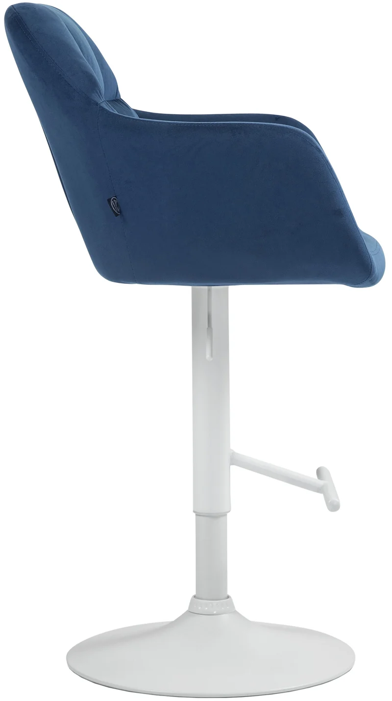 Tabouret de bar chaise haute x1 fonction rotation 360° en velours bleu avec coutures décoratives piètement métal blanc 10_0006549