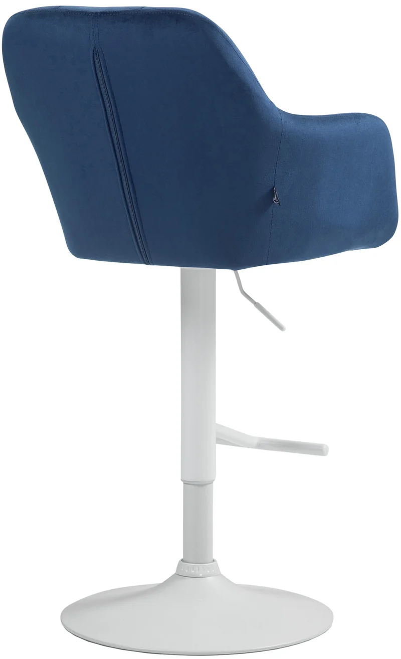 Tabouret de bar chaise haute x1 fonction rotation 360° en velours bleu avec coutures décoratives piètement métal blanc 10_0006549