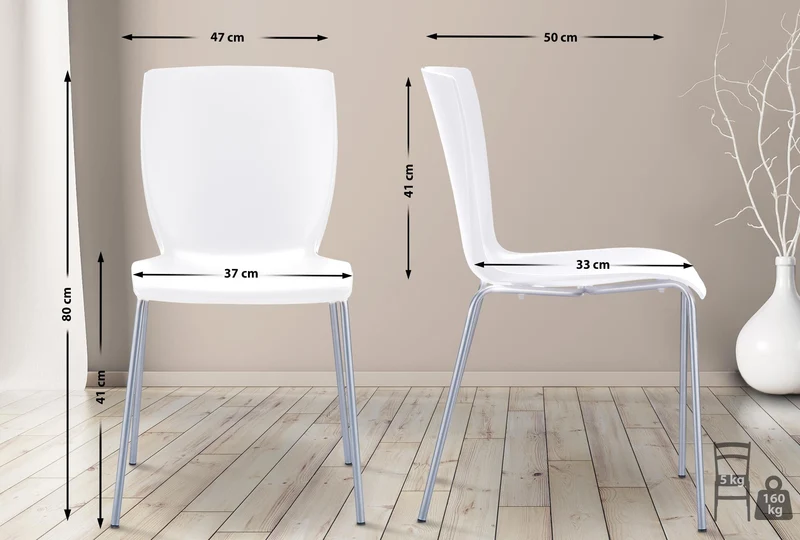 Lot de 2 chaises de cuisine ou véranda empilable pour intérieur ou extérieur assise en plastique blanc cadre en aluminium 10_0008031