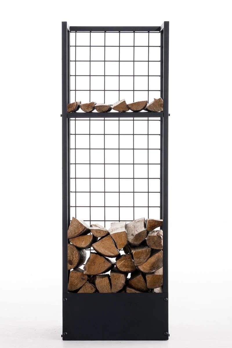 Range-bûches vertical 40x40x120 en métal noir avec tablette – Rangement bois de chauffage design 10_0009030