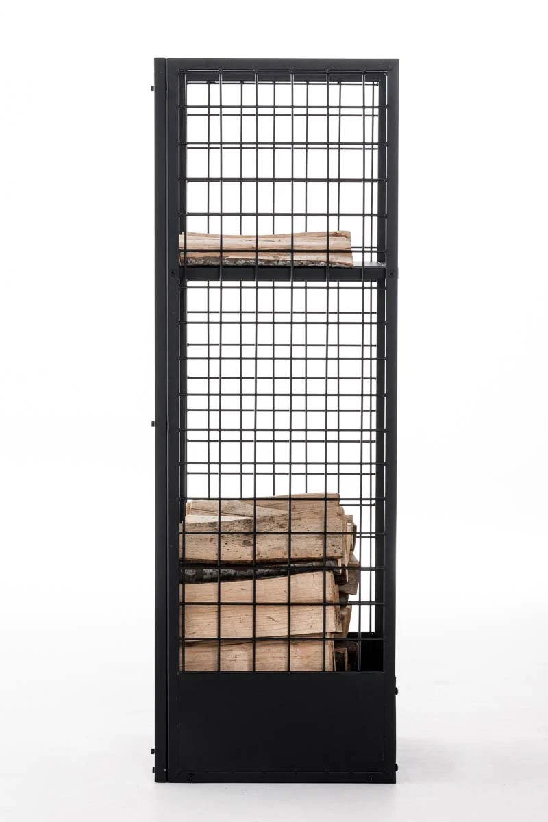 Range-bûches vertical 40x40x120 en métal noir avec tablette – Rangement bois de chauffage design 10_0009030