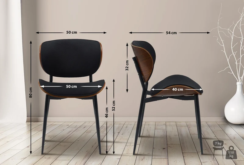 Chaise de salle à manger x1 design en tissu noir avec coque bois noyer structure métal robuste 10_0008643