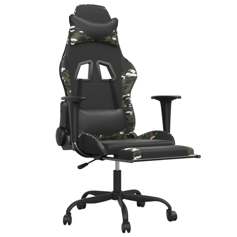 Fauteuil de bureau chaise gaming sur roulettes avec repose-pied noir et camouflage PVC vert DEC025763