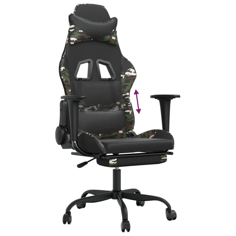 Fauteuil de bureau chaise gaming sur roulettes avec repose-pied noir et camouflage PVC vert DEC025763