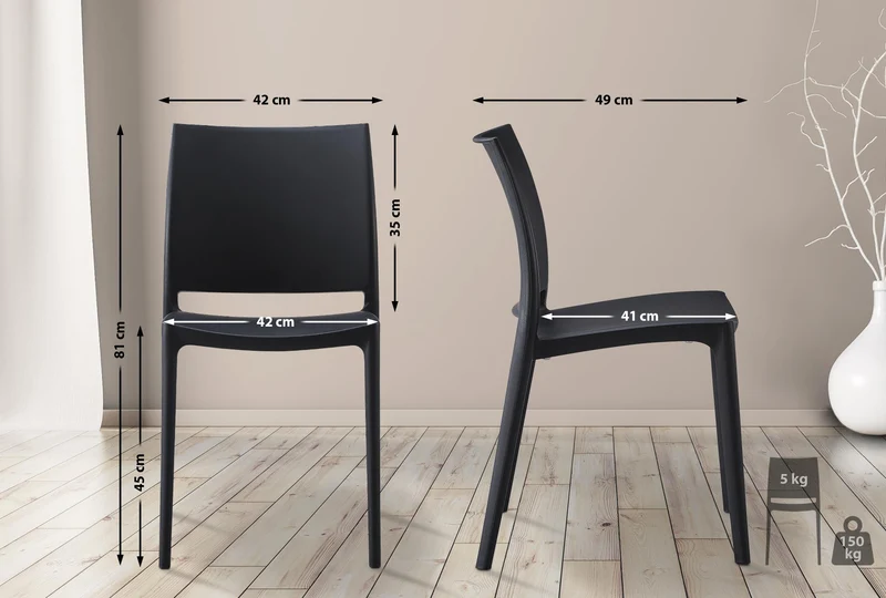 Lot de 2 chaises de jardin empilable dossier incurvé à quatre pieds stable en plastique noir 10_0007914