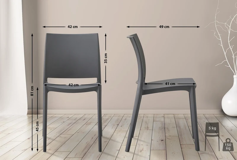 Chaise de jardin empilable dossier incurvé à quatre pieds stable en plastique gris foncé 10_0007889