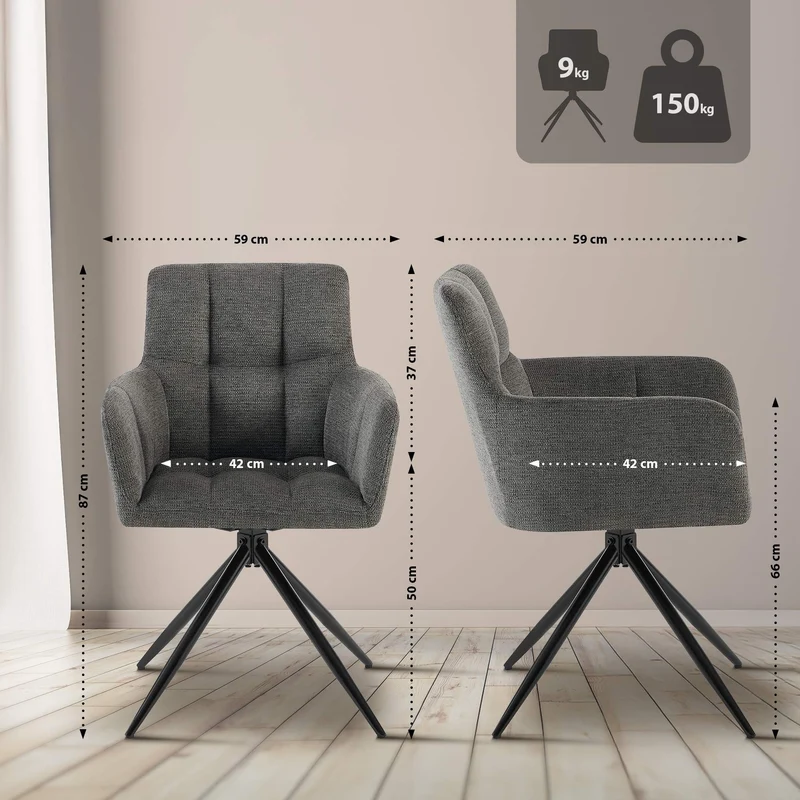 Lot de 2 chaises de salle à manger moderne et confort mécanisme de rotation à 180° en tissu gris foncé et métal 10_0007569