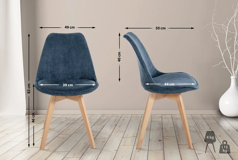 Lot de 4 chaises de salle à manger style scandinave en velours côtelé bleu foncé CDS10391