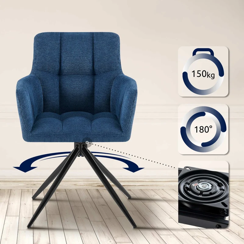 Lot de 2 chaises de salle à manger moderne et confort mécanisme de rotation à 180° en tissu bleu foncé et métal 10_0007585
