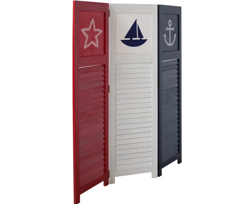 Paravent 3 panneaux thème marin rouge blanc et bleu 130x105 cm PAR06075