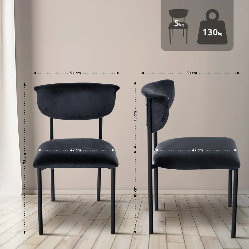 Chaise de salle à manger x1 élégante lignes épurées assise galbée velours noir et métal noir 10_0008292
