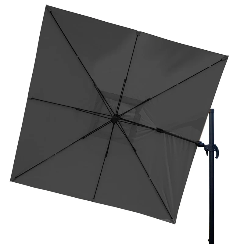 Parasol professionnel restaurant pour jardin terrasse, 3x3m (Ø4,24m) pivotant, polyester aluminium/acier 23kg anthracite sans pied, rotatif 04_0003440