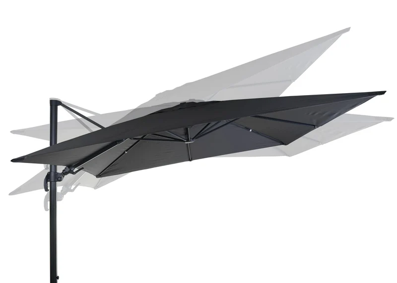 Parasol professionnel restaurant pour jardin terrasse 3x3m (Ø4,24m) pivotant, polyester aluminium/acier 23kg anthracite avec pied, rotatif 04_0003444