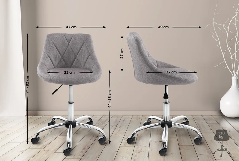Tabouret de travail sur roulettes en tissu couleur gris dossier à coutures en losanges cadre métal chromé 10_0008396