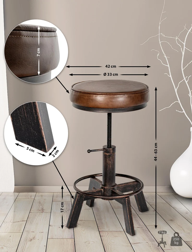 Tabouret industriel en métal bronze hauteur réglable 44 à 63 cm assise rembourrée en similicuir marron 10_0008366
