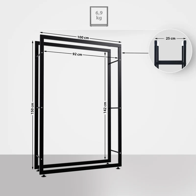Range-bûches intérieur en métal thermolaqué noir 150 × 100 × 25 cm fabrication robuste 10_0008374