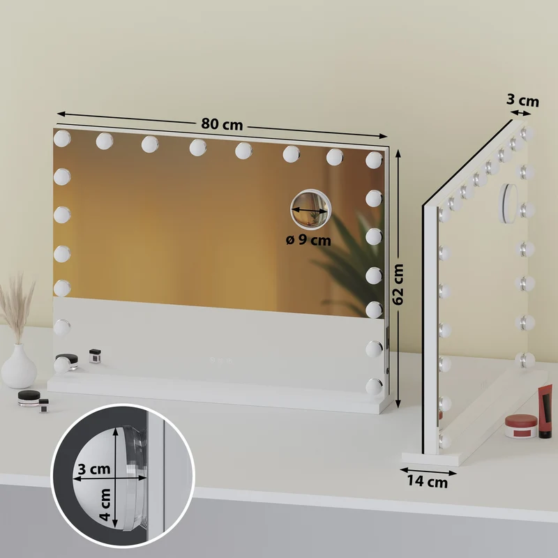 Miroir de maquillage LED blanc 80 × 62 cm 20 LED miroir grossissant x10 fixation murale ou sur pied 10_0008960