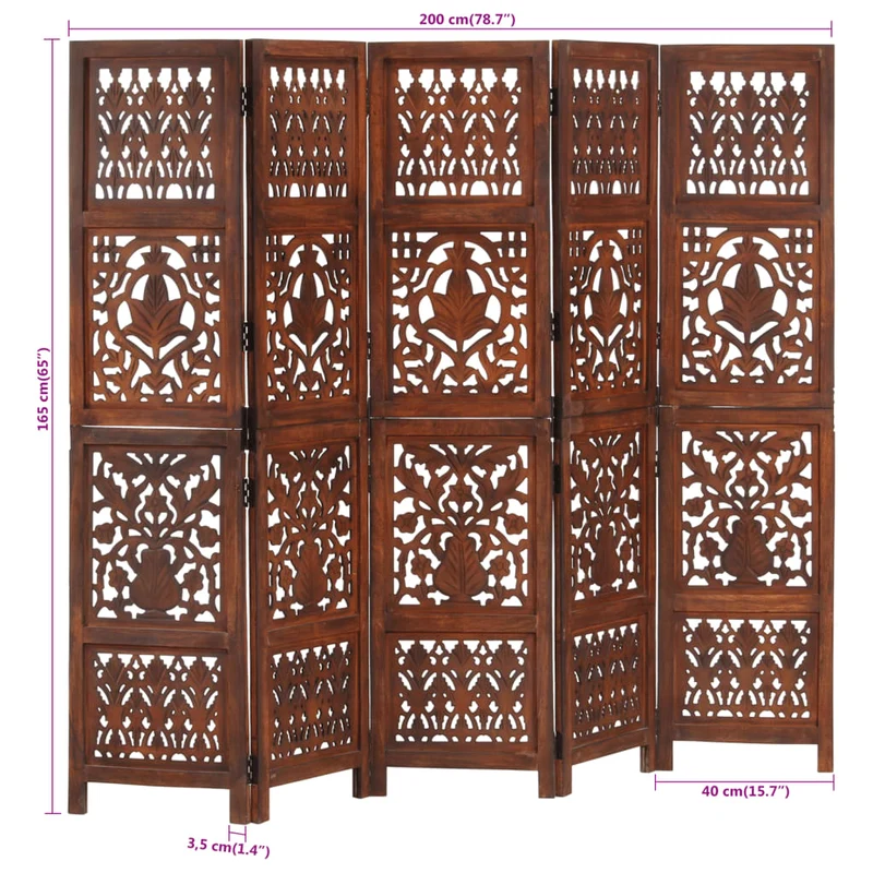 Paravent séparateur de pièce cloison 5 panneaux 200 x 165cm bois manguier DEC030976
