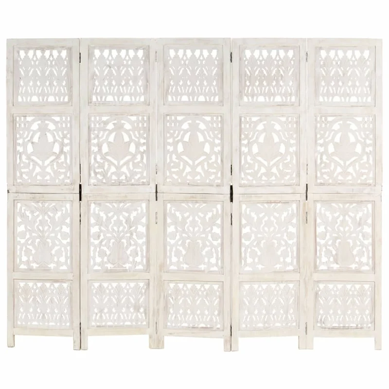 Paravent séparateur de pièce cloison 5 panneaux 200 x 165 cm MDF et bois manguier blanc DEC030941