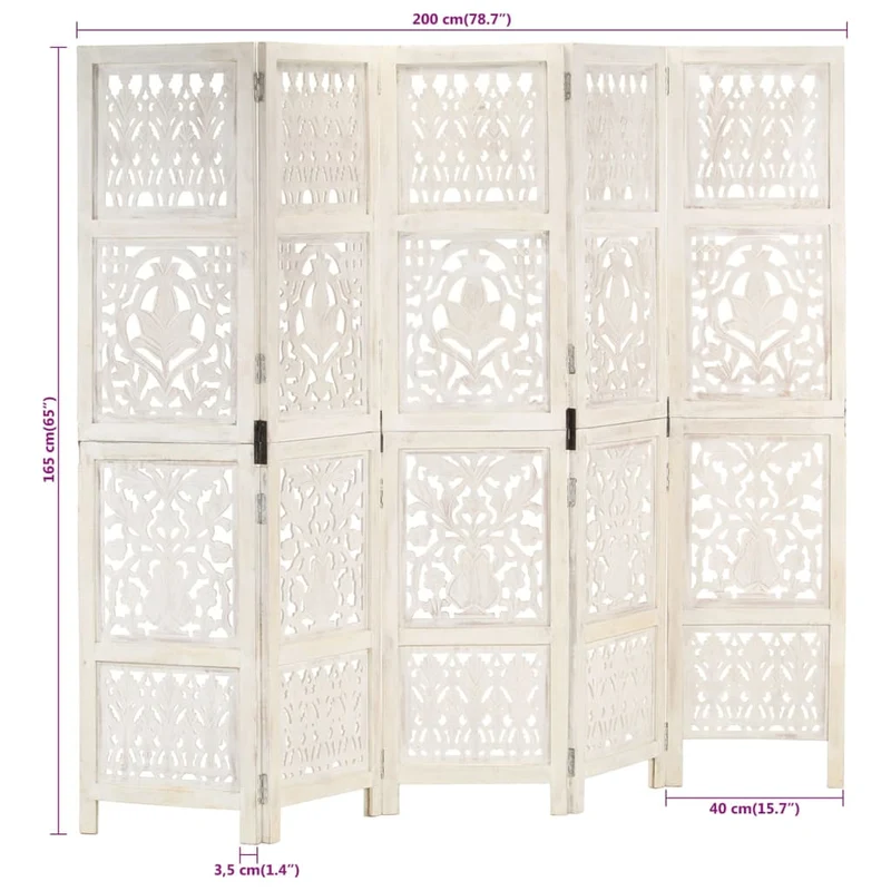 Paravent séparateur de pièce cloison 5 panneaux 200 x 165 cm MDF et bois manguier blanc DEC030941