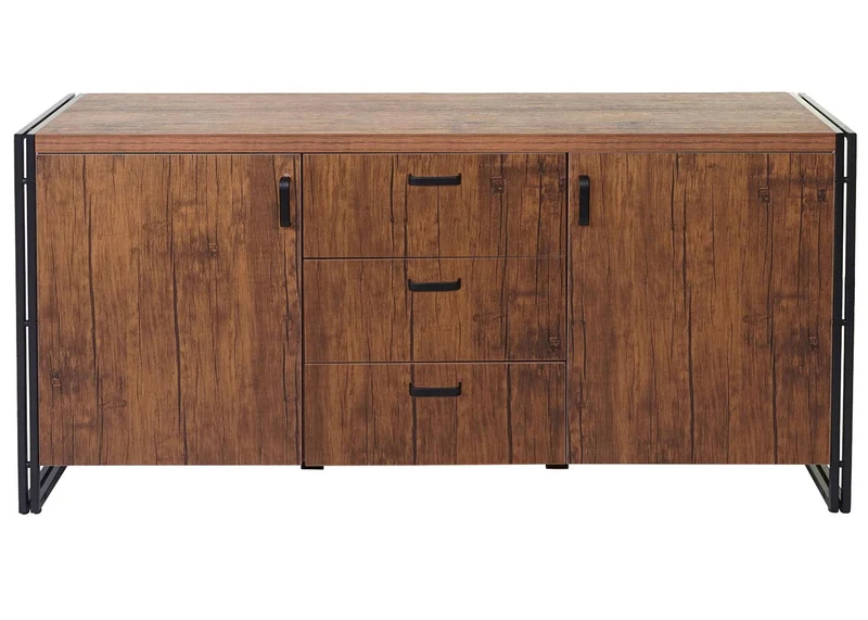 Buffet avec deux compartiments de rangement 3 tiroirs 80x160x40 cm MDF aspect chêne et métal 04_0005983
