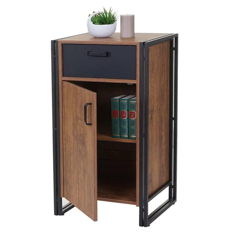 Petite commode armoire avec tiroirs et étagère 3D 90x50x43cm MDF aspect chêne sauvage 04_0002480