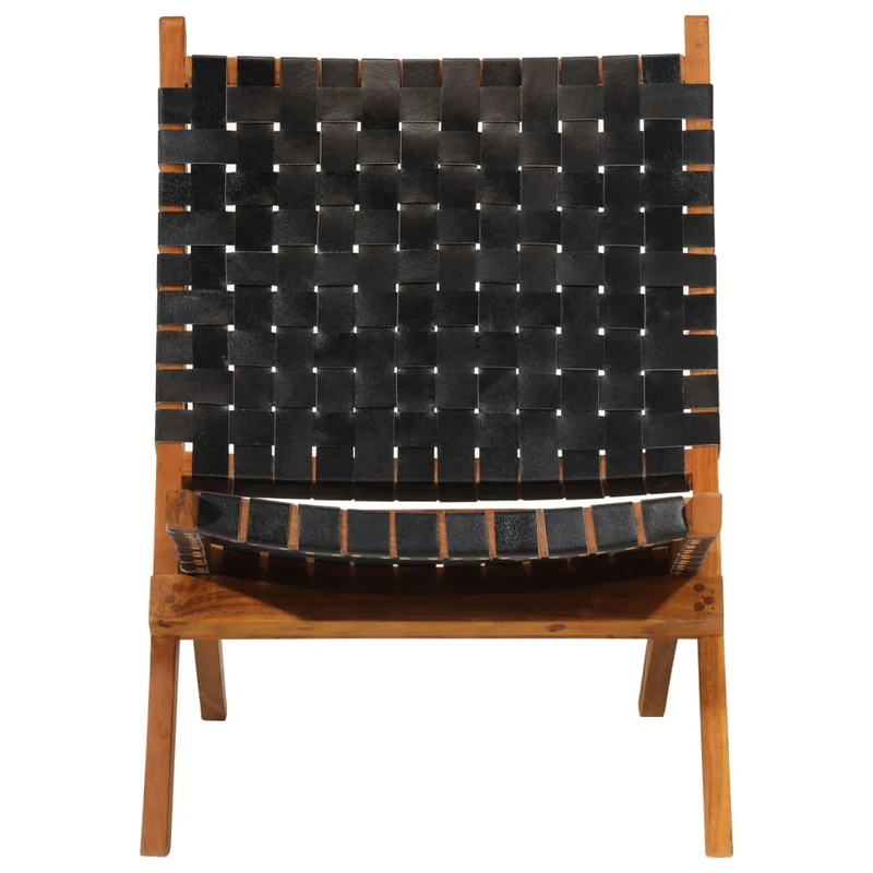 Chaise de relaxation pliable en cuir véritable noir cadre en bois d'acacia DEC026282