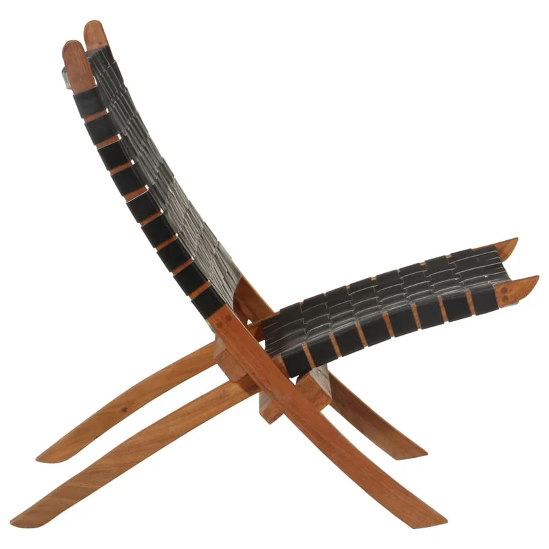 Chaise de relaxation pliable en cuir véritable noir cadre en bois d'acacia DEC026282
