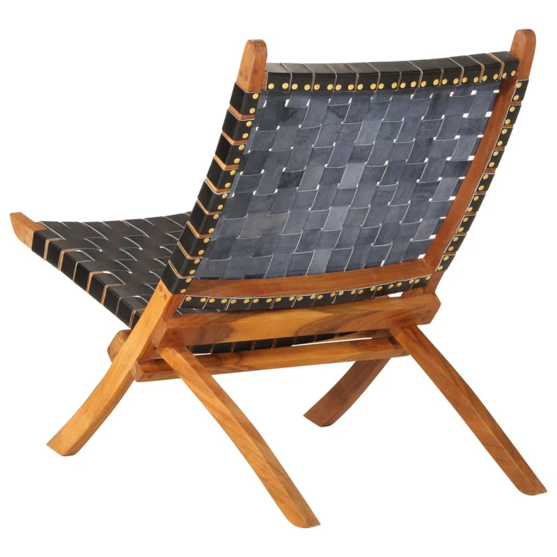 Chaise de relaxation pliable en cuir véritable noir cadre en bois d'acacia DEC026282