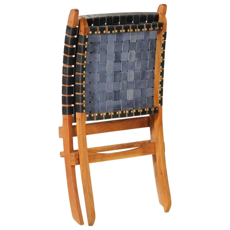 Chaise de relaxation pliable en cuir véritable noir cadre en bois d'acacia DEC026282