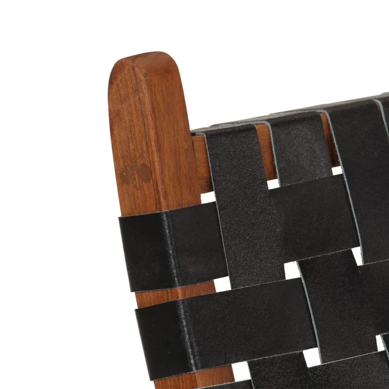 Chaise de relaxation pliable en cuir véritable noir cadre en bois d'acacia DEC026282