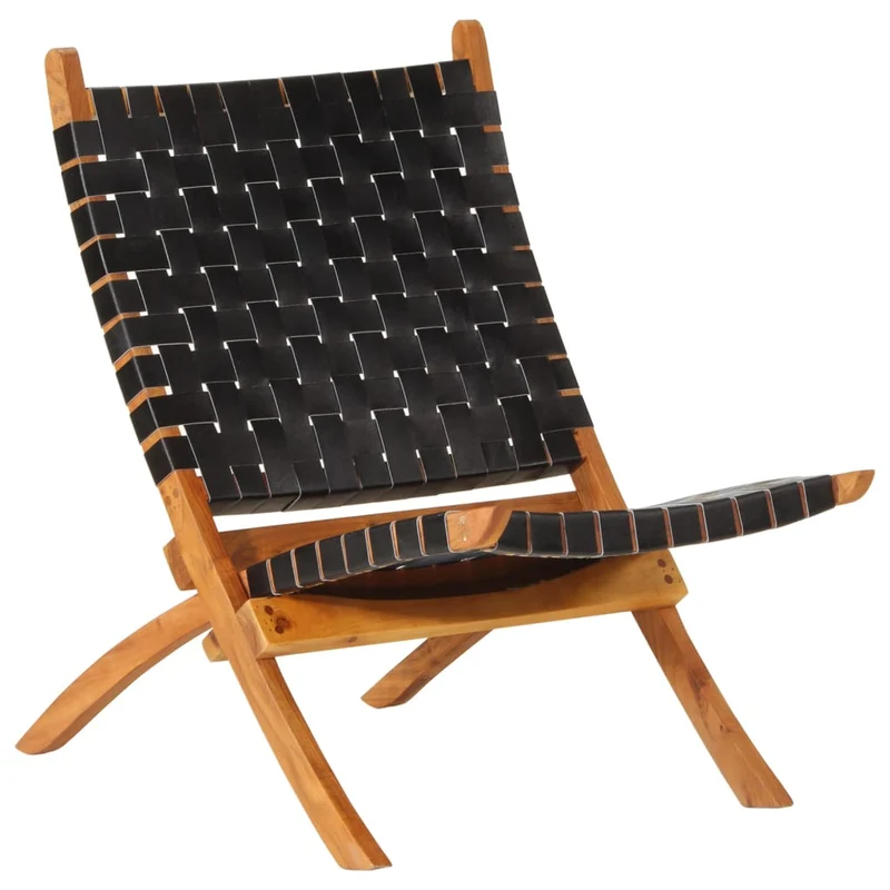 Chaise de relaxation pliable en cuir véritable noir cadre en bois d'acacia DEC026282