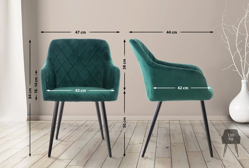 Lot de 2 chaises de salle à manger coutures en losanges style retro chic en tissu velours vert en pieds en métal noir 10_0001561