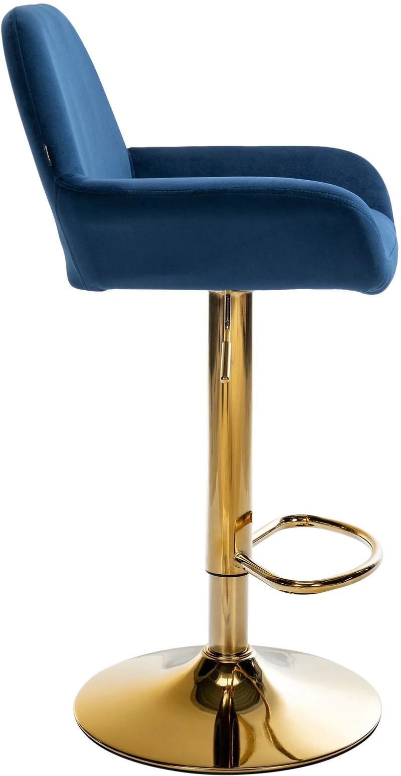 Tabouret de bar x1 avec repose-pieds et accoudoirs en velours bleu piètement en trompette métal doré 10_0006493