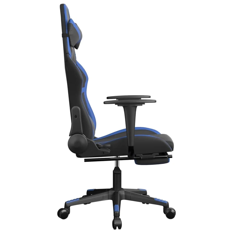 Fauteuil de bureau chaise gaming sur roulettes avec repose-pieds en PVC noir et bleu DEC025753