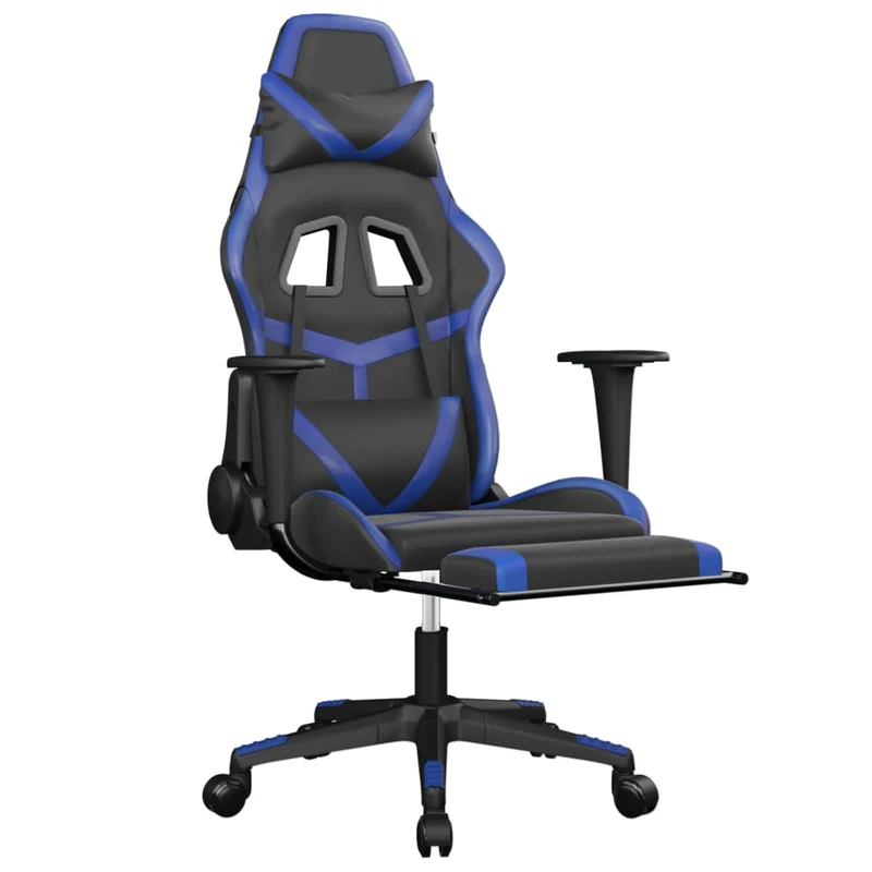 Fauteuil de bureau chaise gaming avec coussin lombaire fonction de massage et repose-pieds en PVC bleu et noir DEC025880