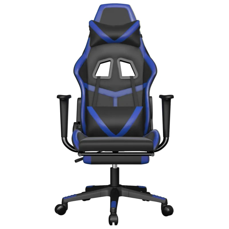Fauteuil de bureau chaise gaming avec coussin lombaire fonction de massage et repose-pieds en PVC bleu et noir DEC025880