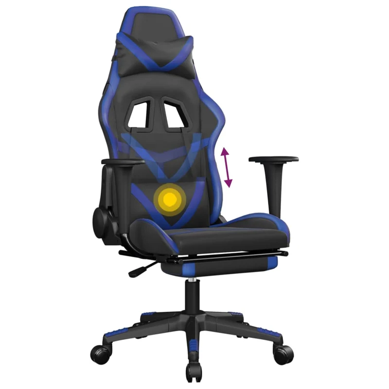 Fauteuil de bureau chaise gaming avec coussin lombaire fonction de massage et repose-pieds en PVC bleu et noir DEC025880