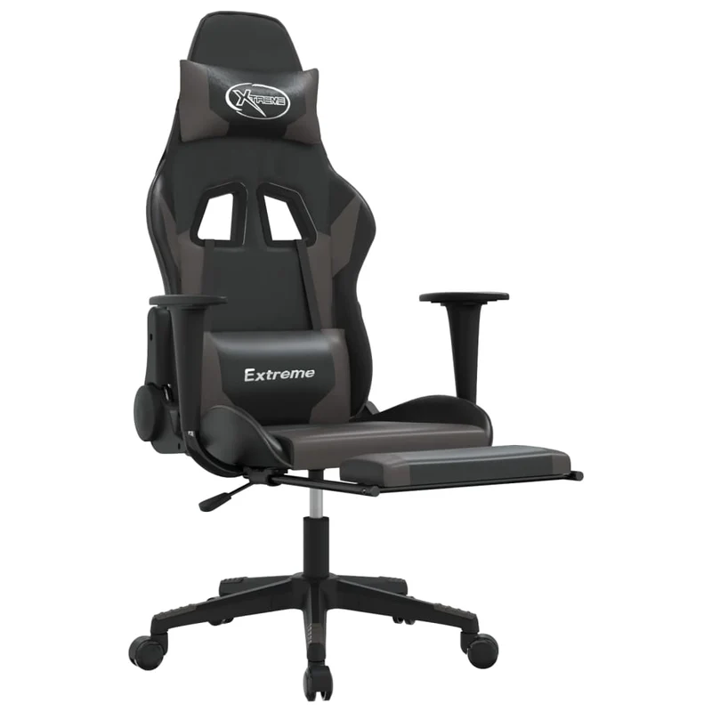 Fauteuil de bureau chaise gaming sur roulettes avec coussin lombaire et repose-pieds en PVC gris et noir DEC025881