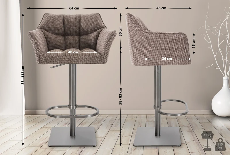 Tabouret de bar x1 réglable en tissu marron clair assise enveloppante capitonnée avec base carrée acier inoxydable 10_0006841