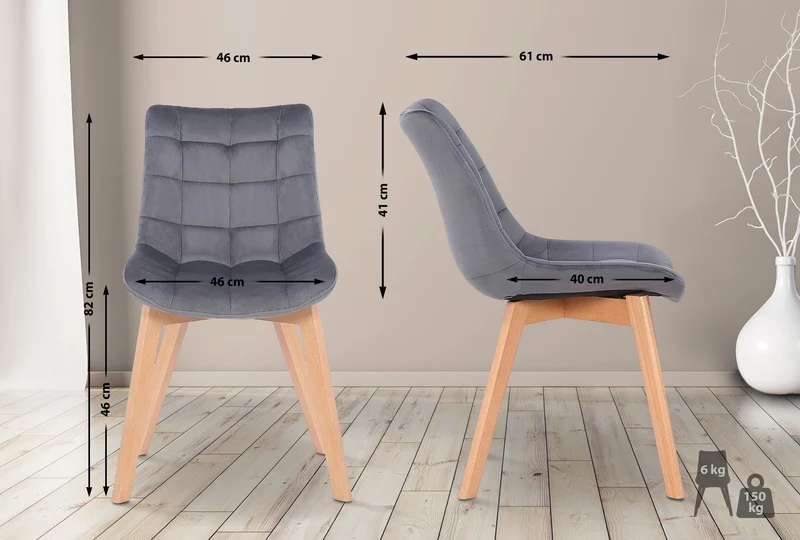 Lot de 2 chaises de salle à manger rembourrage généreux en velours gris piètement en bois 10_0007420
