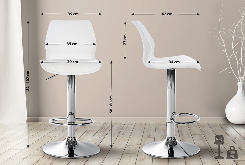 Tabouret de bar x1 avec repose-pieds hauteur réglable pivotant en PVC et plastique blanc et métal 10_0005616