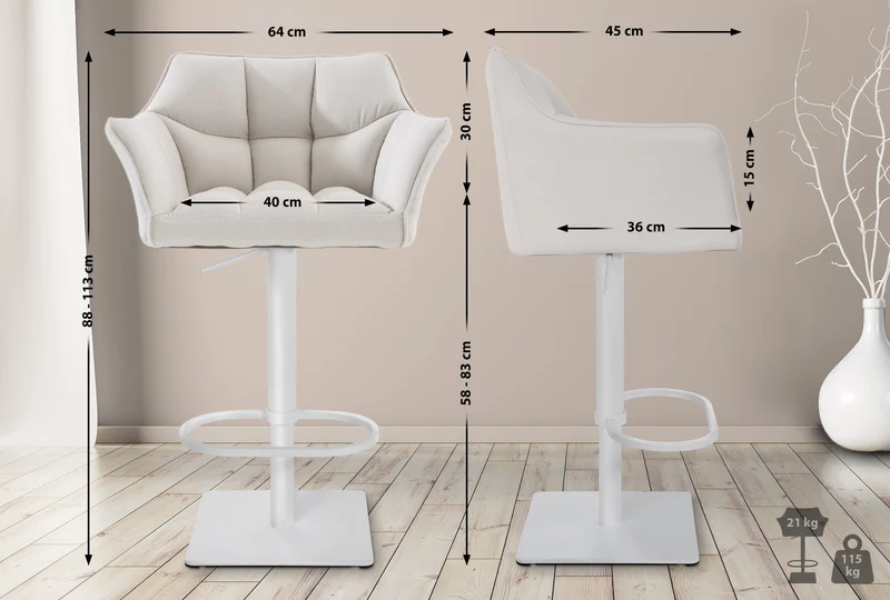 Tabouret de bar x1 réglable en tissu blanc assise enveloppante capitonnée avec base carrée en métal blanc 10_0006608