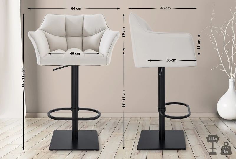 Tabouret de bar x1 réglable en tissu blanc assise enveloppante capitonnée avec base carrée en métal noir 10_0006604