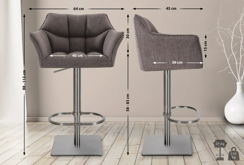 Tabouret de bar x1 réglable en tissu gris assise enveloppante capitonnée avec base carrée en acier inoxydable 10_0006421