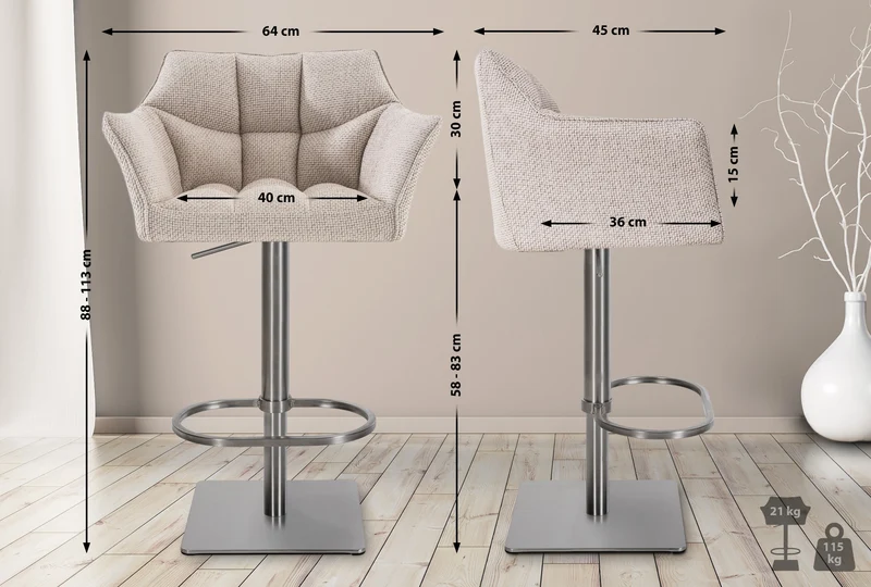 Tabouret de bar x1 réglable en tissu beige assise enveloppante capitonnée et avec base carrée en acier inoxydable 10_0005619