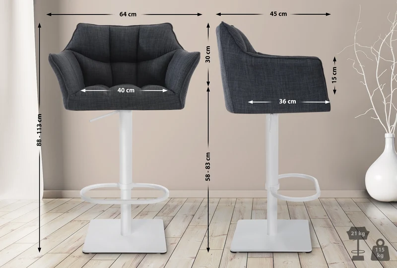 Lot de 2 tabourets de bar réglable en tissu gris foncé assise enveloppante capitonnée avec base carrée en métal blanc 10_0006622