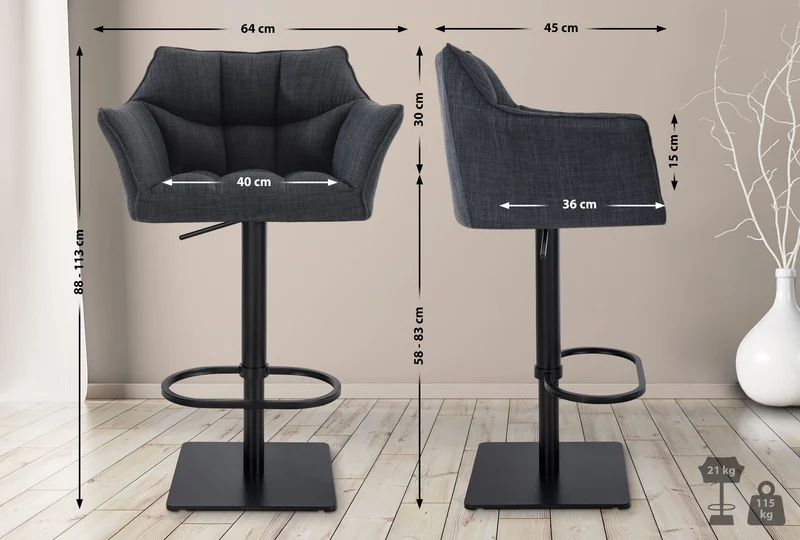 Lot de 2 tabourets de bar réglable en tissu gris foncé assise enveloppante capitonnée avec base carrée en métal noir 10_0006019